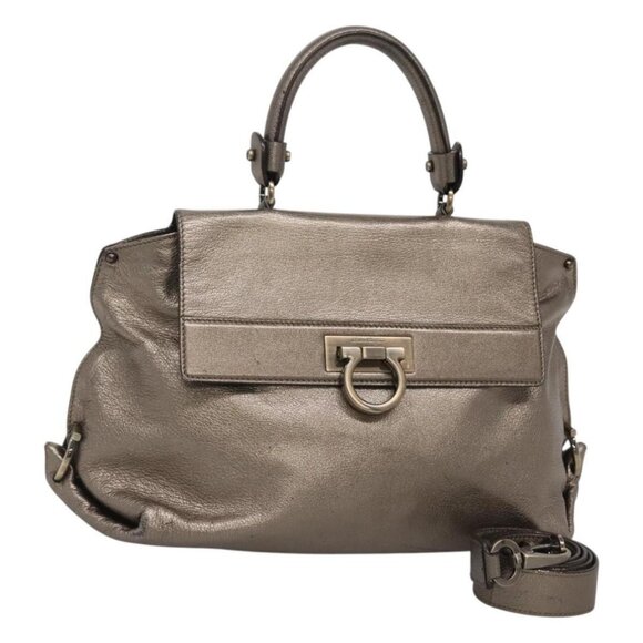 Salvatore Ferragamo Gancini Hand Bag Leather 2way Gold Tone Auth 121739
